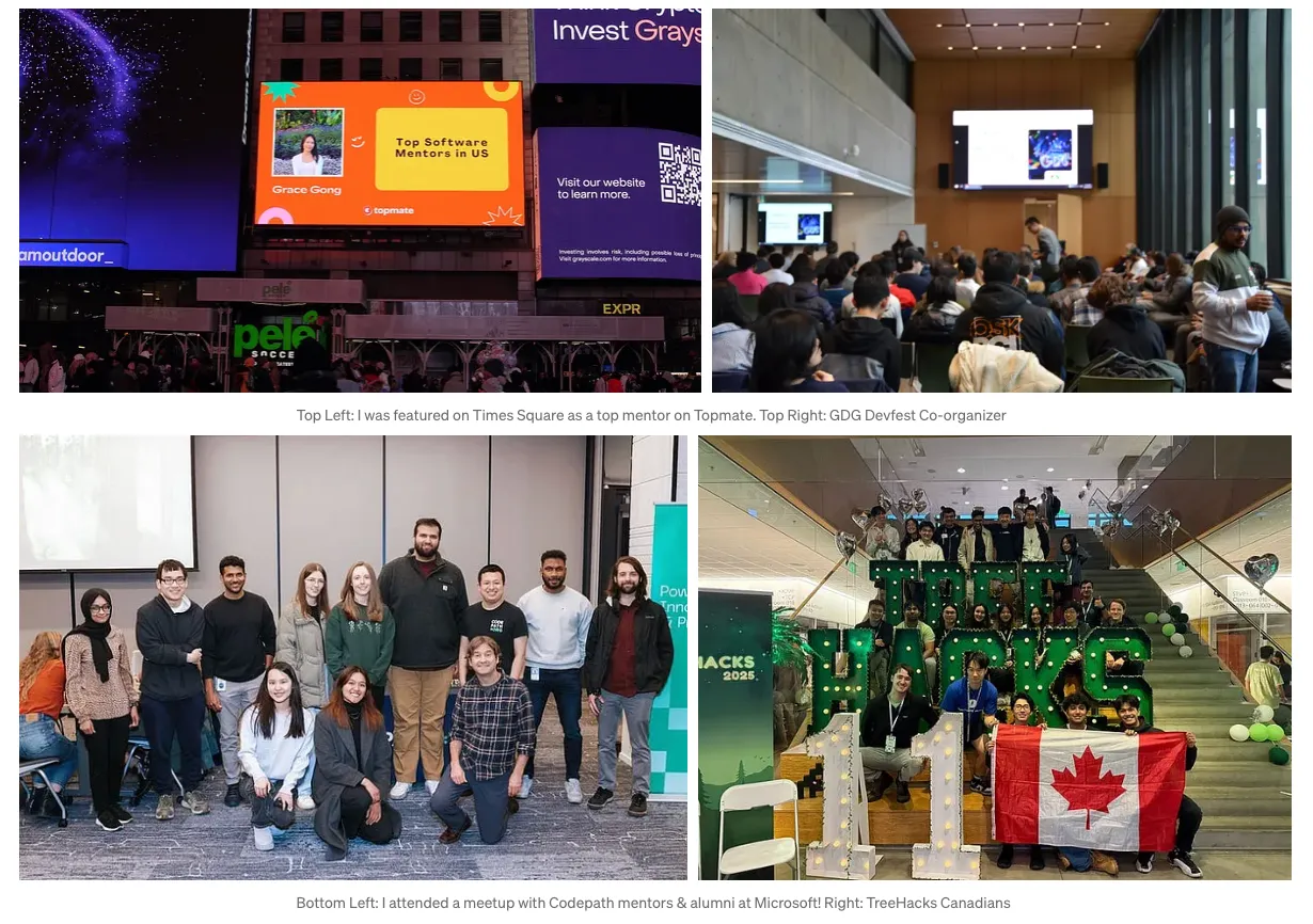Top Left: I was featured on Times Square as a top mentor on Topmate. Top Right: GDG Devfest Co-organizer