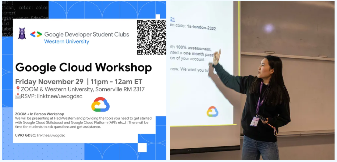 Grace presenting at HackWestern! Google Cloud Study Jam + Gen AI Intro (We speed ran that one) more details at linktr.ee/uwogdsc